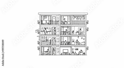 Diverse domestic activities unfold within a multi-story building's cross-section