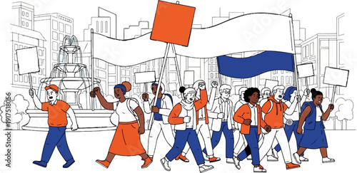 Diverse crowd marches with signs and banners in a city