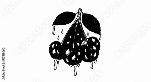 Dripping black cherries with leaves, rendered in a bold graphic style