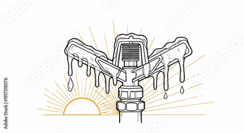 Dripping sprinkler over stylized sun rays