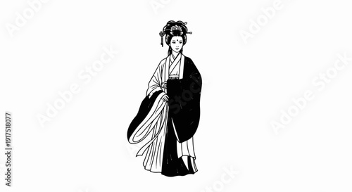 Elegant figure in traditional attire, serene, poised, detailed illustration