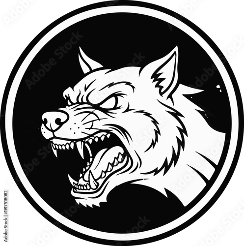 Fierce wolf head snarling, bared teeth, detailed line art, circular emblem