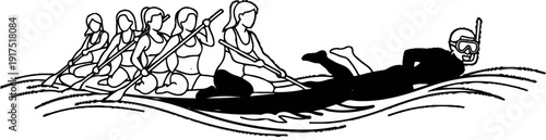 Diverse group enjoys water sports rowing and snorkeling on a wavy surface