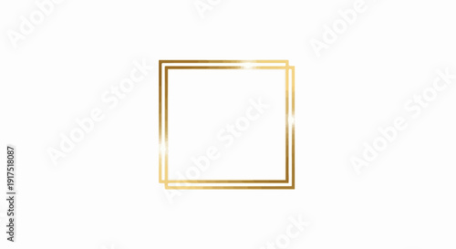 Elegant golden double square frame with reflective edges on white
