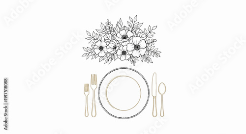 Elegant floral bouquet above a place setting with decorative plate, forks, knife, and spoon