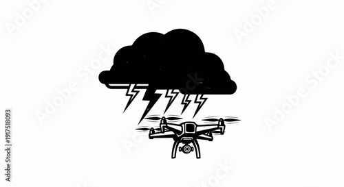 Drone flying under stormy cloud with lightning strikes