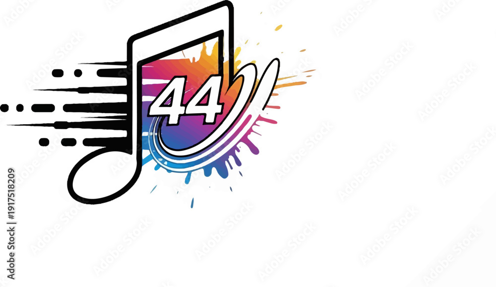 Obraz premium Dynamic musical note with vibrant paint splatters and the number 44