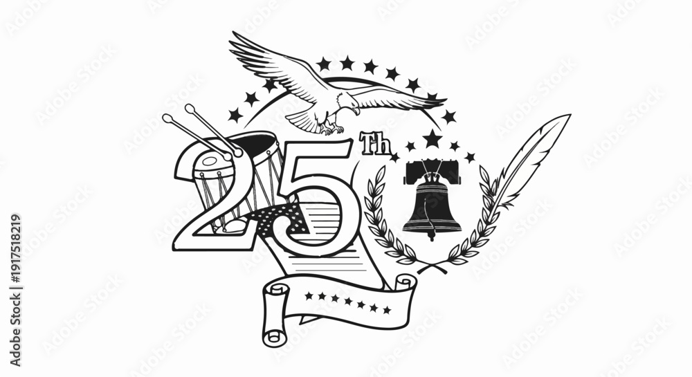 Fototapeta premium Eagle, bell, drum, quill, banner, stars represent liberty and history