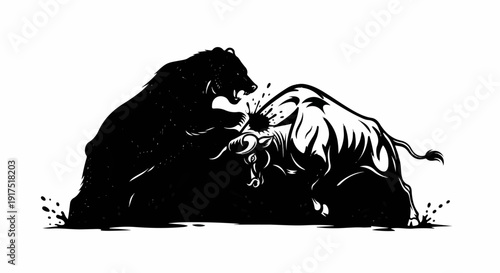 Dynamic illustration of a bull and bear locked in fierce combat