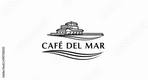 Elegant monochrome emblem featuring a seaside establishment with wavy lines below