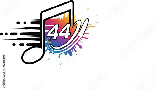 Dynamic musical note with vibrant paint splatters and the number 44