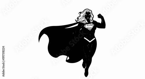 Dynamic silhouette of a female superhero with cape, flexes bicep