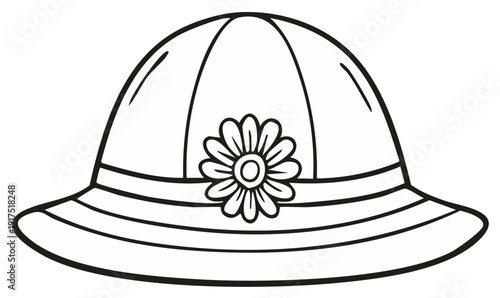 Black and white illustration of a sun hat with a flower