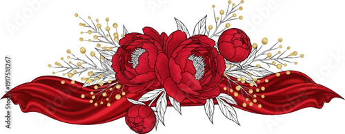 Elegant red peonies and delicate golden berry branches adorn a flowing red ribbon