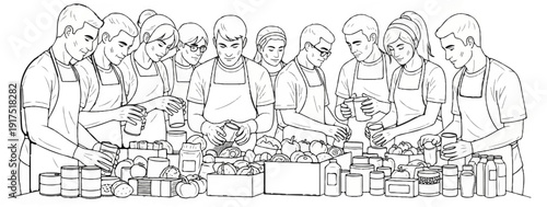 Diverse group of volunteers organizing food donations at a table