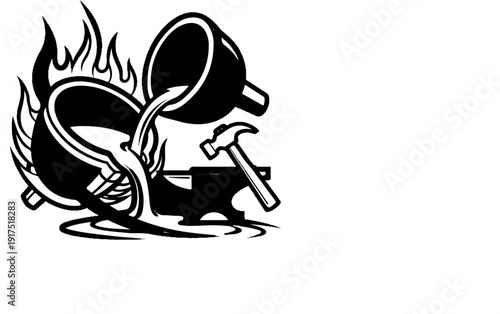 Fiery molten metal pours onto anvil with hammer nearby