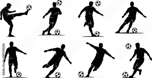 Eight black silhouette soccer players in action with a ball