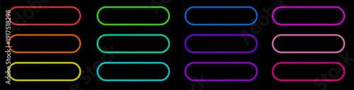 Modern neon pill buttons with vibrant glow and 3D effect for web, game, and app design. Bright UI elements for neon action call banners, shop, buy now labels and interface templates on dark background