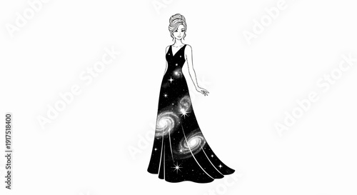 Elegant woman in a galaxy-patterned evening gown