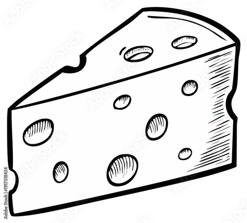 Drawn wedge of cheese with holes, isolated graphic illustration
