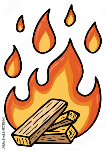 Cartoon Campfire with Burning Logs and Flames
