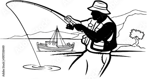 Fisherman with rod on water, boat in background with tree on shore