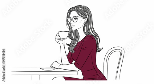 Elegant woman in glasses sips coffee at a table with a saucer