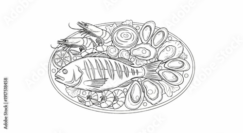 Elaborate sketch of a seafood platter with grilled fish and shrimp