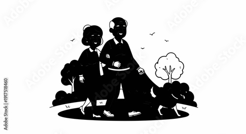 Elderly couple walks with dog in a park, birds fly overhead