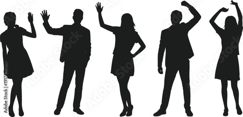 People waving hands silhouette set, men and women greeting or celebrating, black vector illustration isolated on white background