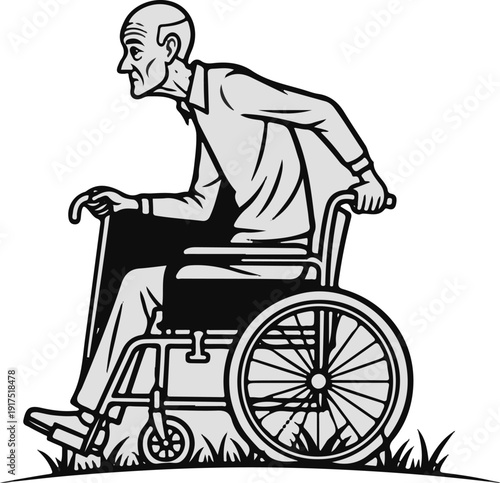Elderly man in wheelchair with cane, seated outdoors on grass