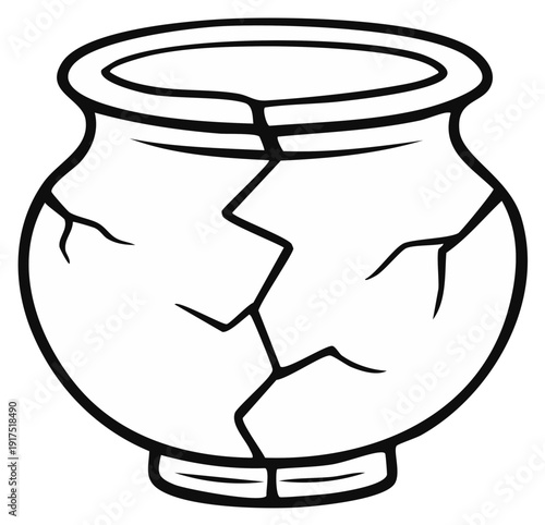 Cartoon Illustration of a Broken Vase or Pot with Cracks in an Outline Style