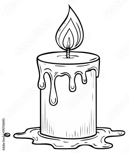 Hand drawn illustration of a lit candle with dripping wax and a bright flame