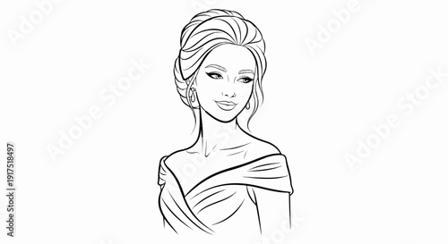 Elegant woman with updo and off-shoulder dress, smiling softly