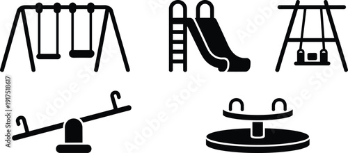 Playground equipment icons set, swing slide seesaw carousel vector silhouettes, children outdoor park play area isolated on white background