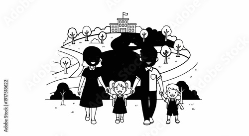 Happy family walks to school through a park with trees and winding paths