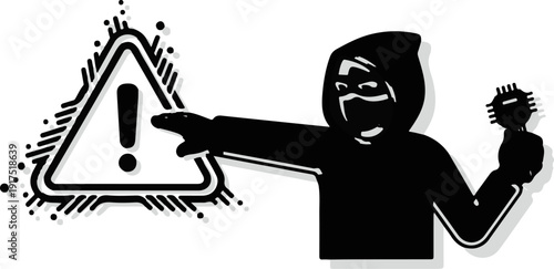 Hacker points to warning sign, holding a microchip
