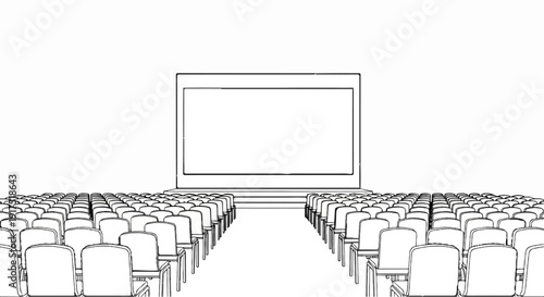 Empty auditorium with rows of chairs facing a blank screen