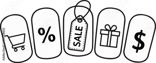 Five icons of commerce shopping cart, percent sign, sale tag, gift, and dollar sign