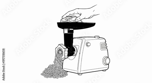 Hand adding meat to grinder; ground meat emerging below