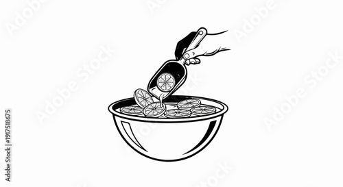 Hand adding sliced citrus fruit to a bowl of liquid with slices