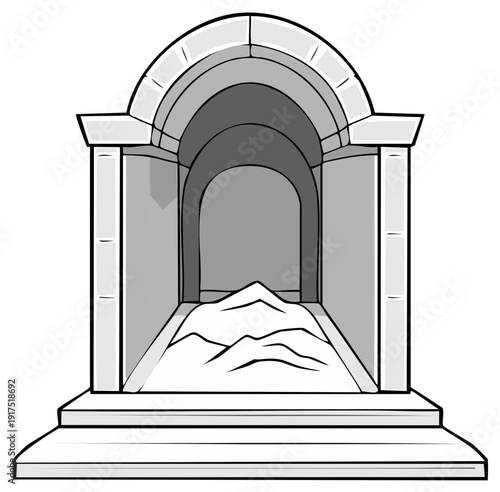 Cartoon illustration of a stone architectural structure with an arched entrance and a small pile of sand.