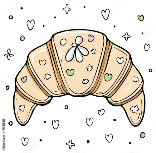 Cartoon croissant with hearts, flowers and stars decoration