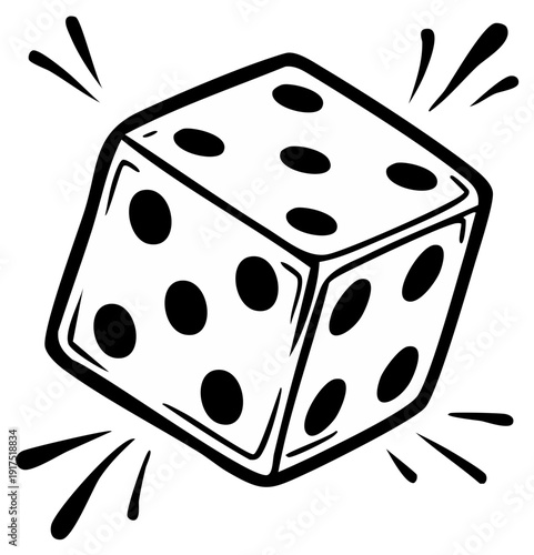 Single rolling game die with pips, black and white cartoon vector illustration