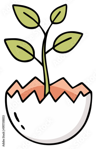 Green sprout emerges from a cracked eggshell symbolizing new life and growth