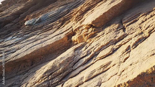 Sedimentary rock layers creating textured horizontal patterns of sandstone and mineral bands, warm sunlit canyon wall revealing erosion, age, and rugged geological detail