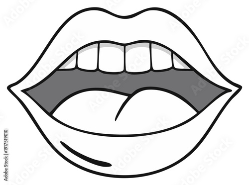 Black and white cartoon mouth illustration showing open lips teeth and tongue