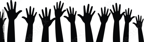 Raised hands silhouette collection, black and white vector illustration of cheering crowd arms isolated on light background