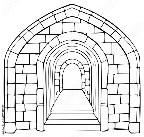 Ancient stone arched corridor with a pathway leading to a distant doorway