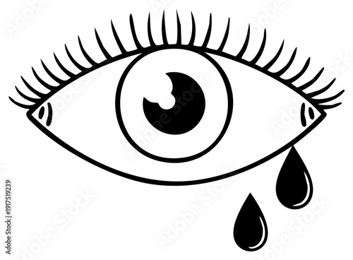 Stylized eye with tears flowing downward, in black and white illustration